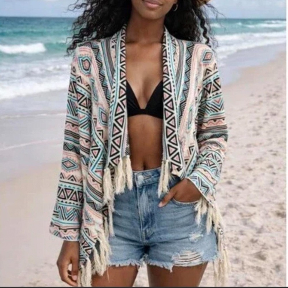Billabong‎ Geometric Aztec Open Front Cardigan | Medium, Fringe Womens Pink Boho